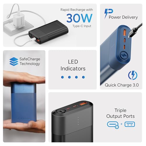 Image of Ambrane 20000mAh 33W Fast Charging Power Bank, Super Fast PD 3.0 | Type-C Input & Output | Triple Output Ports, Compatible for iPhone,Smartphones, Tablets, Earbuds, Smartwatch (Powerlit Duo 30 Black)