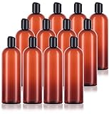 JUVITUS 16 oz / 500 ml Amber Slim PET Plastic Bottles (BPA Free) with Black Disc Cap Lid (12 pack)