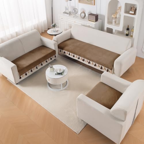 Image of HOKIPO 6 Seater Sofa Cover Mat with Tassel in 3+2+1 Configuration | Dyed Holland Velvet Fabric | 'TasselTone Series' | Warm Taupe (IN-1108+1106+1104-BRN)