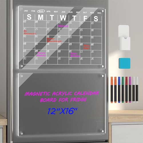 Polegas Magnetic Calendar for Fridge, 16"X12" Acrylic Dry Erase Board and Calendar for Refrigerator, Clear Erasable Magnet Monthly Calendar Memo Board with 8 Markers
