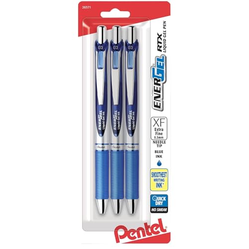 Pentel EnerGel RTX Retractable Liquid Gel Pen, (0.3mm), Needle Tip, Extra Fine Line, Blue Ink, Pack of 3 (BLN73BP3C)