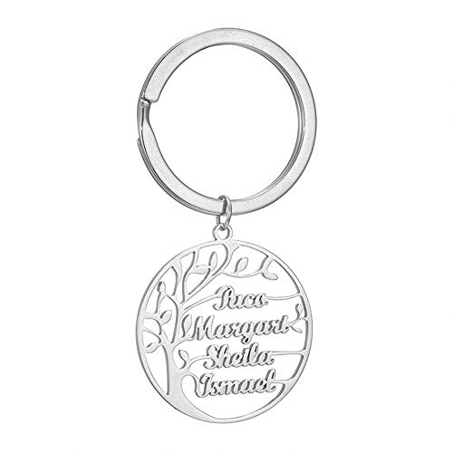 Personalisierter Baum des Lebens Schlüsselbund Gravierte 1 bis 4 Namen Lebensbaum Schlüsselbund Stammbaum für Männer Damen Vater Mutter Oma Edelstahl Vatertag (Silber-kurzer-Stil) Cover
