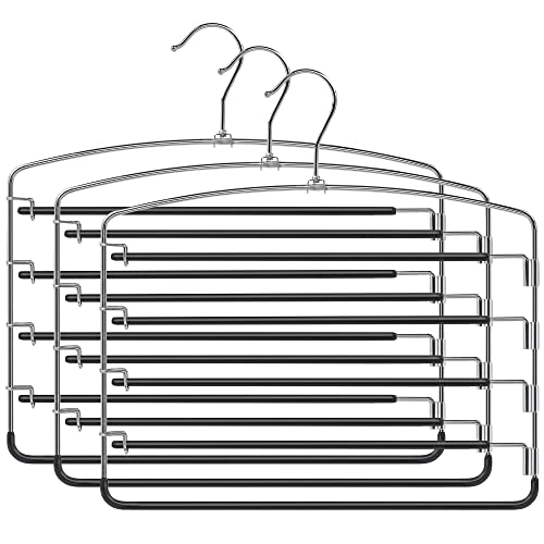 SONGMICS Cintre Pantalon Gain de Place, Lot de 3, Porte-Pantalon, Cintre Multiple à 5 Niveaux, Antiglisse, Barres et Crochets Pivotants, pour Jeans, Foulards, Cravates, Serviettes, Noir CRI051B03 Cover