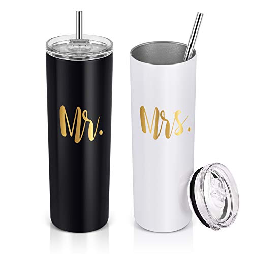 Mr and Mrs Tumbler Set, Wedding Engagement Bridal Shower Gift 20oz Slim Water Skinny Tumbler, Insulated Travel Tumbler, Gifts for Newlyweds Couples Wife, Black and White