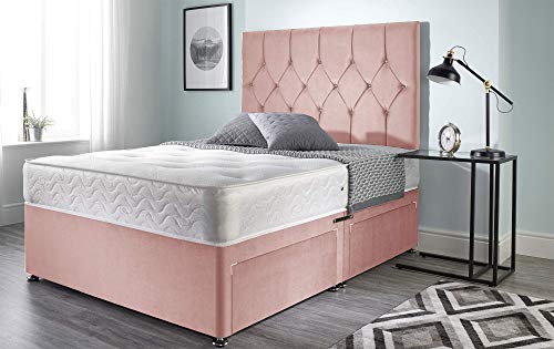 Bed Centre Ziggy - Diván de espuma viscoelástica de felpa rosa con colchón, cabecero y sin cajones (doble (135 cm x 190 cm)