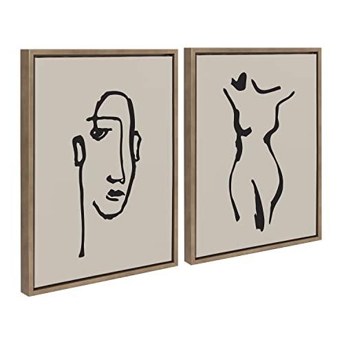 Kate and Laurel Sylvie Minimalist Neutral Line Art Drawing Face and Body Framed Canvas Wall Art Set by The Creative Bunch Studio; 2 piece 18x24 Gold; Modern Minimal Brushstrokes Art for Wall