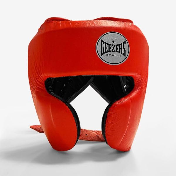 Geezers Boxing Elite Pro 2.0 Sparring Cheek head-guard, Ultra-durable Leather Material, layered padding protection Headguard for Boxing, MMA & Martial Arts, Men and women’s (Spark Red, XL)