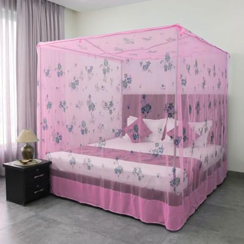Image of Mosquito Net for King Size Bed - Foldable Square Mosquito Net Double Bed | Mosquito Net for Queen Size Bed | Floral Printed with Base Cloth Mosquitoes Net Sukun Wali Neend (6.5 x 6.5ft, Pink)