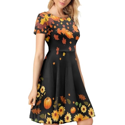 Image of POLERO Sunflower Dress for Women Floral Summer Dresses Short Sleeve Casual Sundresses Midi Dresses