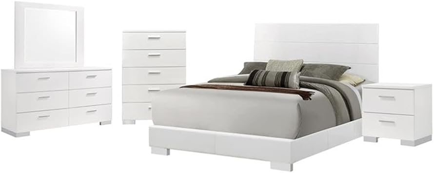 Coaster Home Furnishings Felicity Contemporary 6-Piece Bedroom Set Eastern King Size Panel Bed Frame 51-inch Headboard White High Gloss 203501KE-S6