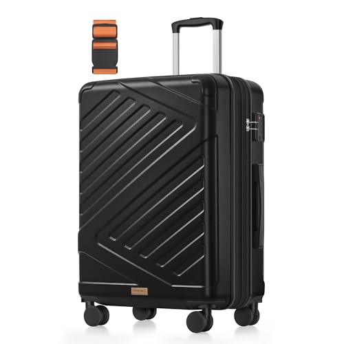 SONGMICS Valise Moyenne, Valise Soute, Suitcase, en ABS, avec Serrure TSA, 4 roulettes Doubles, Sangle Incluse, Extensible, L, 65 x 45 x 25 cm, Noir d'encre RLP002B101