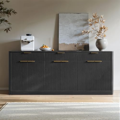 Image of Evermagin 67 inch Fluted Black Sideboard Buffet Cabinet with 3 Drawers | Modern credenza and console cabinet with storage for kitchen, living room, entryway or coffee bar, 67 inchW x 31.5 inchH x 15.7 inchD