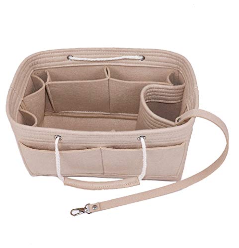 Felt Insert Bag Organizer Bag in Bag for Handbag Purse Organizer - Lmeison Multi Pocket Insert Bag with Handle & Keychain fits Tote & Handbag, Speedy 35 and Neverfull MM, Beige(Large)