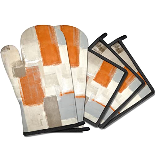 Mcalk 5 Pcs Orange Oven Mitts And Pot Holders Sets, Beige Oven Gloves And Hot Pads For Kitchen Cooking, Abstract Modern Art Oven Mitt Potholder Is Both Functional And Decorative #TOP27