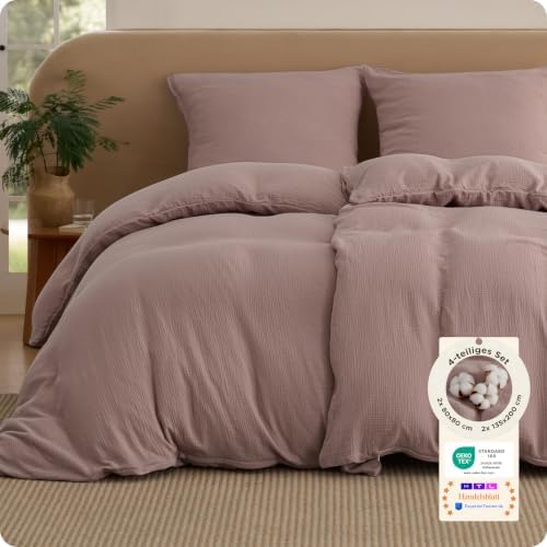 BEDSURE Musselin Bettwäsche 135x200 4teilig - Rosa, 80x80 Kissen, Oeko-TEX | 100 % Baumwolle Bettwäsche-Sets mit Reißverschluss, Weich, Atmungsaktiv, Schnelltrocknend, Hautfreundli