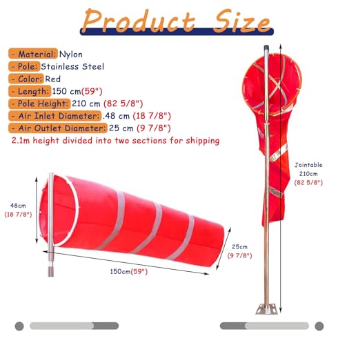 Airport Spinners Windsock Pole Kit, Wind Direction Measurement Sock Bag Outdoor, Reflective Winds Indicator Flags for Dock, Helipads, Farm(2.1 m pole)