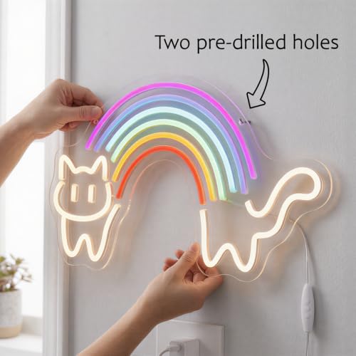 Image of Rainbow Cat LED Neon Sign, Dimmable USB Light for Kids Room Wall Decor Gift