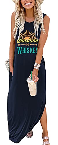Women Sunshine and Whiskey Sundress Sleeveless Beach Cover Up Tank Split Maxi Summer Dress with Pockets Dark Blue l