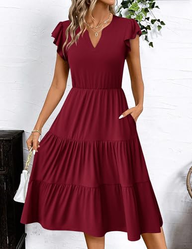 Image of ZEAGOO Womens Summer Casual Dresses Ruffle Sleeve V Neck Midi Dress Flowy Tiered Dress with Pockets Boho Sundresses