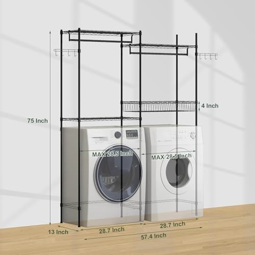 GarveeHome Over Washer and Dryer Shelves, 57.4" W Laundry Room Clothes Drying Rack, Height Adjustable Towel Racks with Hamper and Hooks, Space Saving Laundry Room Organization and Storage