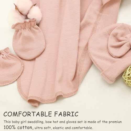 Image of AQOKKA Newborn Receiving Blanket with Bow Hat Mittens Wooden Card Set Newborns Toddler Baby Boy Girl Nursery Swaddle Wrap