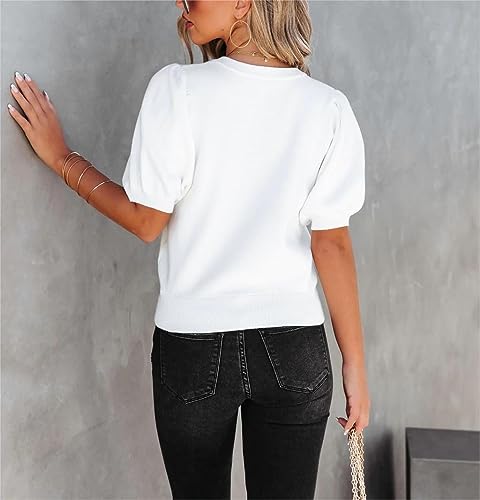 Image of Womens Puff Short Sleeve Sweater Tops Crewneck Basic Knit Pullover Lightweight Casual Sweaters