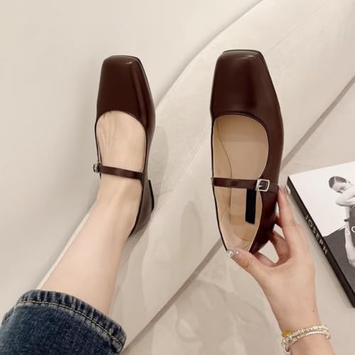 Image of TN TANGNEST Leather Flats for Women Retro Mary Jane Flats | Comfortable Square Toe Slip On Flats with Buckle Strap, Soft Work Flats Office Shoes