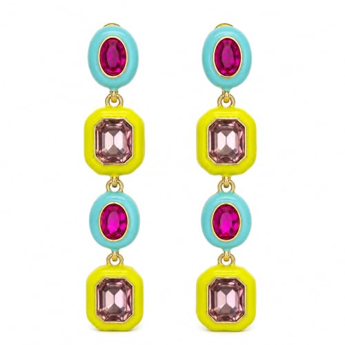 Colorful Crystal Drop Earrings, Teal Yellow Geometric Dangle Statement Earrings, Gold Tone Party Jewelry for Women