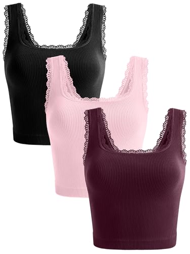 Image of OLCHEE Womens 3 Pack Crop Tank Tops Basic Seamless Ribbed Sleeveless Square Neck Workout Top Summer Exercise Yoga Gym Shirts