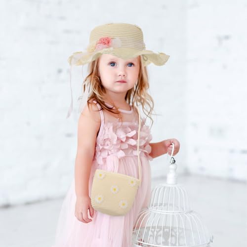 Daisy Straw Hat Bag Set Girls Straw Sun Hat Daisy Pattern Cute Floral Design for Kids Summer Beach Fun 5.51x4.33x0.78 Inches Milky White3