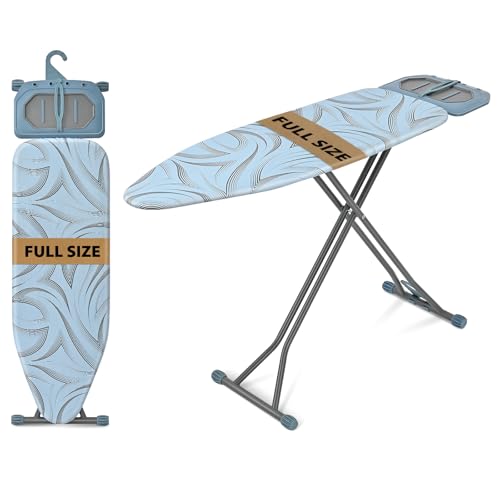 KINGRACK Ironing Board 115x38cm, Metal Panel Foldable Full Size Ironing Board with Iron Rest, 7 Height Adjustable, Heavy Duty Folding Iron Stand with Hanger, Light Blue