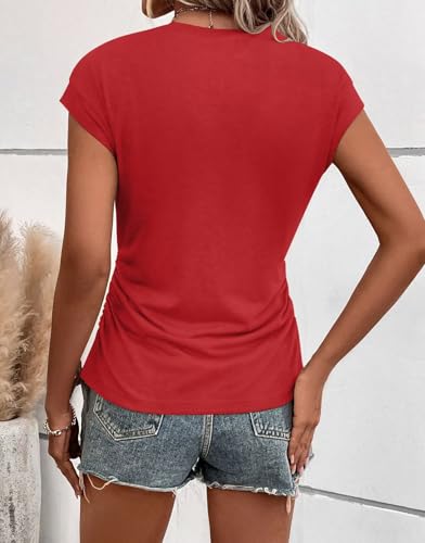 Bliwov Womens Fall Tops Cap Sleeve Business Casual Ruched T Shirts Trendy Basic Crewneck Outfits Beach Vacation Clothes L Red2