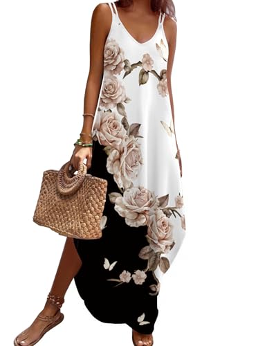 Image of Zeagoo Women's Casual Sundress Summer Maxi Sleeveless V Neck Split Boho Beach Dress Travel Vacation Dress with Pockets