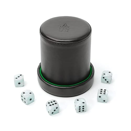 Luck Lab Black Leather Dice Cup With Lid Including 6 Matching Pearl Dice - Green Velvet Interior For Quiet Shaking - Use For Liars Dice Farkle Yahtzee Board Games, Black #TOP4