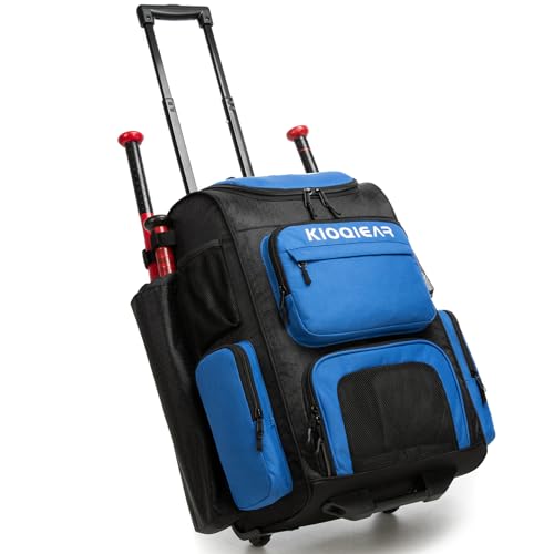 Kioqiear Rolling Baseball Bag with Wheels,Large Softball Bag with Fence Hook for 4 Bats & Equipment,Lightweight Baseball Bat with Shoe Compartment. (Blue) by Kioqiear - Used condition - US$98.99