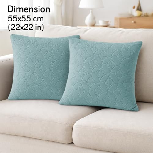 Image of HOKIPO 100% Leakproof Quilted Cushion Cover for Sofa 22x22 Inches, Set of 2, Cool Blue (AR-6281-SBL*2)