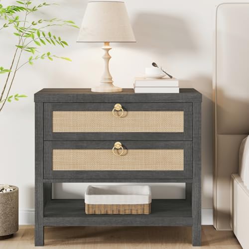 Image of Eclatara Large Rattan Night Stands:Boho Nightstand with Drawers and Storage Shelf,Black Oak Bedside Table End Table Side Table for Bedroom(Black Oak,1 Piece)