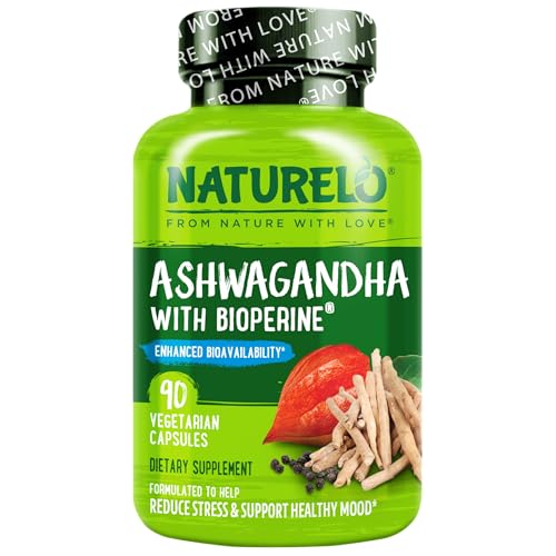 NATURELO Ashwagandha Organic Root Powder, Stress Relief, 90 Vegan Capsules