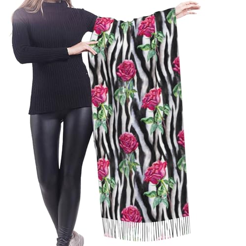 Tiger Striped Rose Scarf With Tassel For Women Large Warm Shawls Wraps Cashmere Scarves Blanket For Fall Winter 27 * 77 Inches3