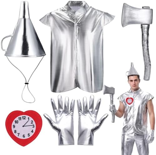 5Pcs Adult Silver Vest Funnel Hat Axe Set with Metallic Gloves He...