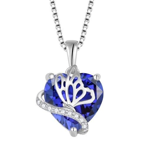 Collier cœur papillon argent 925 avec 12 pierres de naissance en oxyde de zirconium pour femme