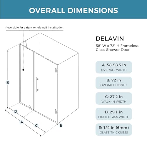DELAVIN 58-58.5\" W x 72\" H Hinged Swing Shower Door, Frameless Shower Door SGCC Tempered Glass, Ultra-Clear Glass Shower Doors with Stainless Steel Hinges and Magnetic Strips, Gold