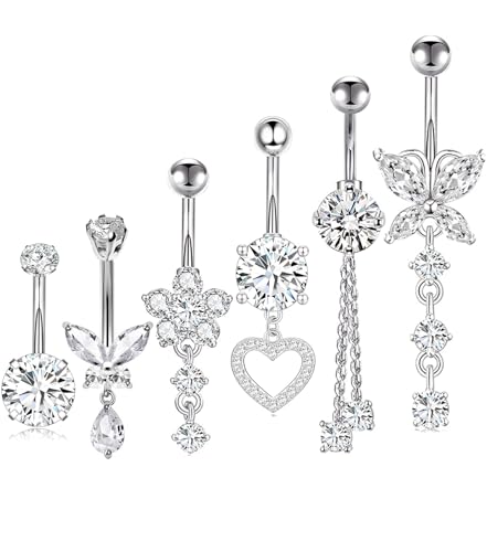 TIANCI FBYJS Surgical Stainless Steel Dangle Belly Button Rings for Women Belly Ring Dangling Piercing Jewelry with Heart Flower Butterfly Silver 14G