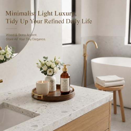 Bathroom Tray for Countertop Organizer,Vanity Tray with Gold Handle,Bamboo Tray for Bathroom Decor,Toilet Tank Tray, Multipurpose Organizer Rack for Lavatory, Bathroom,and Kitchen(Diameter 9.84") — view 2