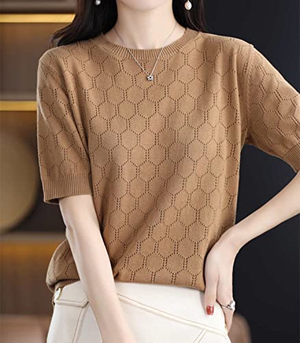 Image of Summer Hollow Out T-Shirt Women's Short Sleeve Sweater Cotton Knitted O-Neck Lightweight Pointelle Breathable Tops