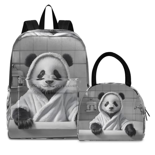 Backpack Lunch Box Set Large Capacity Travel Backpacks and Insulated Lunch Bag for Commute Hiking Picnic Panda in Bathtub Print
