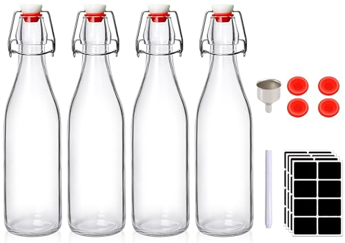 Flip Top Glass Bottle with Lid 1 Liter Water Bottles with Airtight Stopper Lids Clear Swing Brewing Empty Dispenser for Oil Juice Wine Milk Beverages Kombucha Soda زجاج فارغة زجاجة عصير (4 Pack)