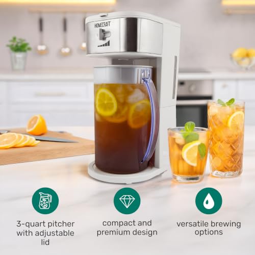 Image of HomeCraft 3-Quart White Stainless Steel Cafe' Iced Tea And Iced Coffee Brewing System, 12 Cups, Strength Selector & Infuser Chamber, Perfect For Lattes, Lemonade, Flavored Water, Large Pitcher