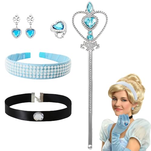 EduPlayte Prinzessin Cinderella Kostüm Mädchen Frauen, Prinzessin Kostüm Damen Mädchen, Princess Krone Haarschmuck Blau Handschuhe, Strass...