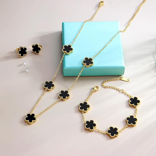 AmorArtSky Lucky Clover Jewelry Set - 18K Gold Plated Flower Design Five Leaf Bracelet, Necklace Pendant, Earrings for Women - Lucky Gifts for Mom, Wife, Daughter, Friends3